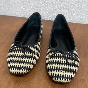 NWOT SCHUTZ Arissa Straw Black Cream Geometric Woven Casual Ballet Flats 7.5